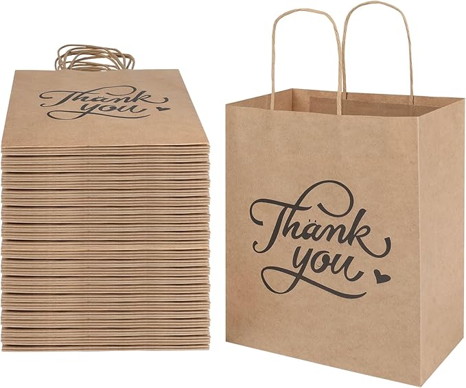 bagmad 100 Pack 8x4.75x10 Inch Medium Brown Paper Gift Bags with Handles Bulk, Thank You Kraft Paper Bags for Party Favors Grocery Retail Shopping Wedding Craft Sacks (Plain Natural, 100pcs Count)