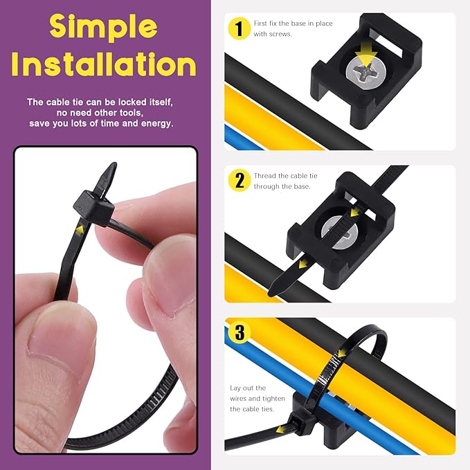Swpeet 360Pcs Black Self-Locking Cable Zip Tie (150x4mm) and 6mm/0.24inch Saddle Type Cable Tie Mounts Base with Deep Thread Flat Head Screws Assortment Kit, Wire Holder Wire Cable Clips Organizer