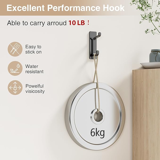 Self Adhesive Wall Hooks for Hanging: Extra Strong 13 LB, Hook for Coat, Towel in Bathrooms, Shower, Kitchen, Wall, Door Hook, Black 4 Pack
