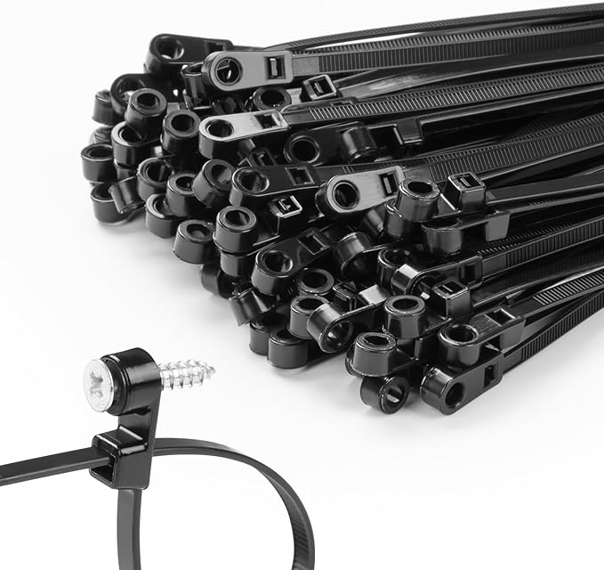 MasiStranth 200 PCS 10 inch Black Zip Ties with Screw Hole 70lbs Mountable head Cable Ties Straps Multipurpose Heavy Duty Nylon Cable Zip Ties with Screw Mounting Hole
