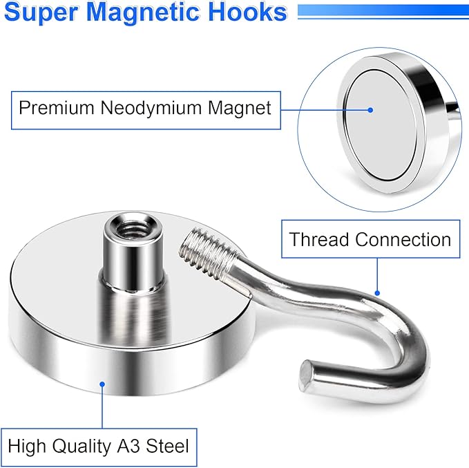 DIYMAG Magnetic Hooks Heavy Duty, 85 LBS Neodymium Magnet Hooks for Cabins, Kitchen, Workplace, Office, Garage and Indoor Hanging, Silver, Pack of 6