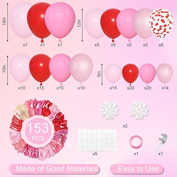 Amandir 153pcs Pink and Red Balloon Arch Garland Kit, Different Sizes 18 12 10 5 inch Latex Pearlescent Hot Pink Heart Confetti Valentines Balloons for Birthday Proposal Wedding Party Decorations