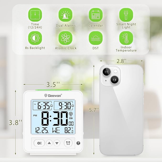 Geevon Small Digital Atomic Alarm Clock for Bedroom, Travel Table Clock with Auto/8s Backlight, 2 Alarm, Temperature, Desk Clock Battery Operated for Deep Sleepers Kids Elderly Home Office, White