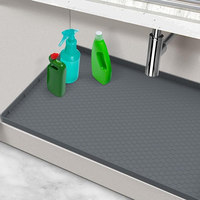 Under Sink Mats for Kitchen Waterproof 31" x 19", Silicone Under Kitchen Sink Mat for Bottom of Sink, Under The Sink Organizer for Kitchen and Bathroom Gray