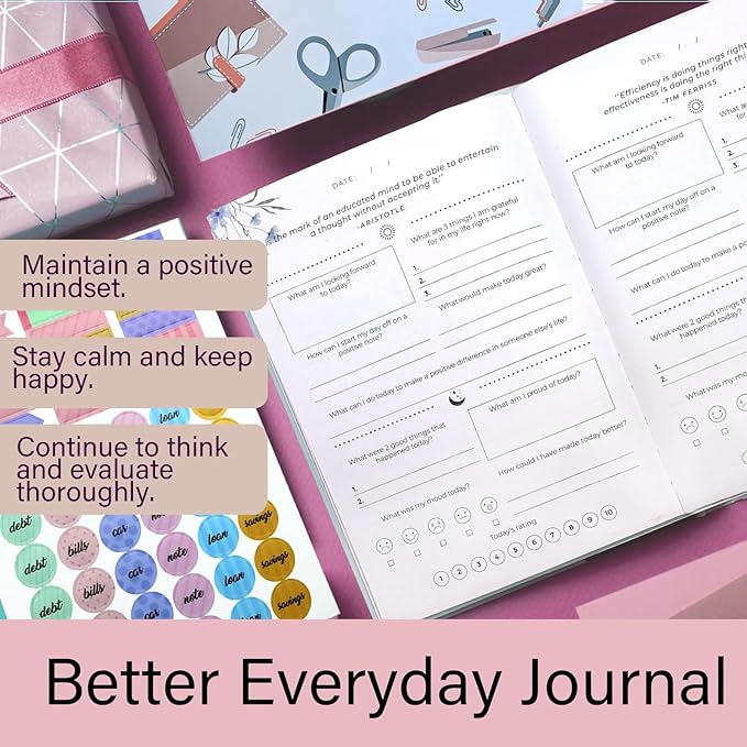 Gratitude Journal, Daily Reflection Journal for More Happiness, Mindfulness & Affirmation, Self Care Journals for Women & Men, 6 Inspirational Stickers and Ballpoint Pen, Pink