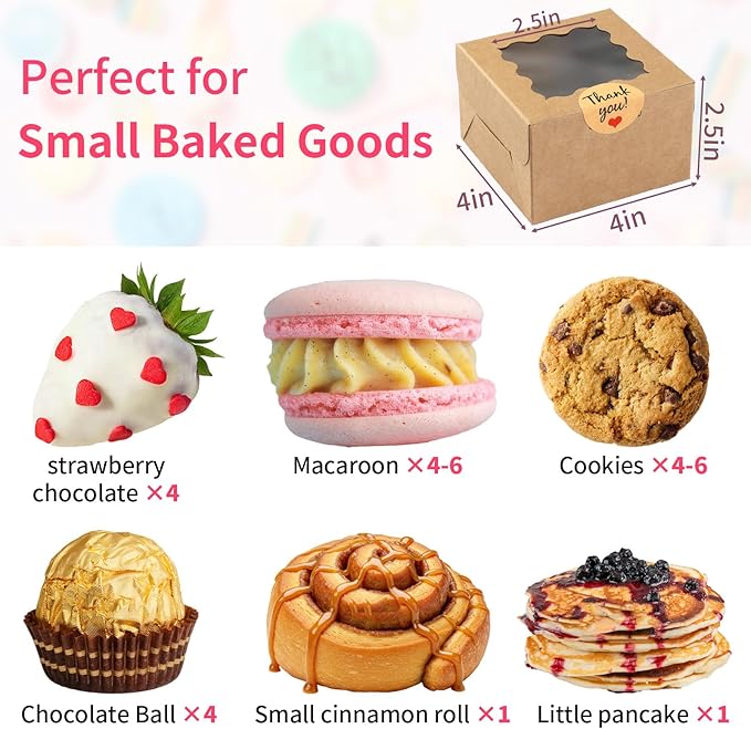 WINKIO 24pcs Brown Cookie Boxes, 4x4x2.5 Inches Bakery Boxes with Window, for Mini Cake Treat Dessert Pastry Donuts Macaroon Strawberries Chocolate Candy (with Stickers)