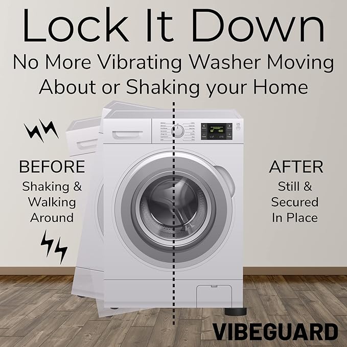 Anti Vibration Pads for Washing Machine featuring 3D TrianGrip & FREE Level Tool - Larger Opening Fits All Washer Feet - Stops Moving, Walking - Prevents Noise, Vibration Transfer - VIBEGUARD 4 Pack