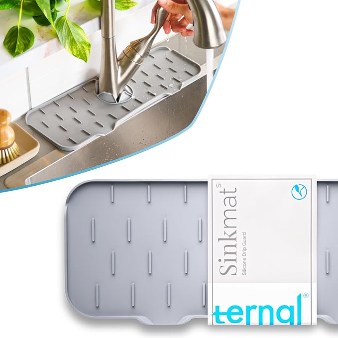 Ternal Silicone Faucet Handle Drip Catcher Tray Mat, Silicone Faucet Mat Dish Soap Sponge Holder for Kitchen Sink Accessories Gadgets, Drying Mat for Kitchen Counter Bathroom Kitchen Sink [Grey]