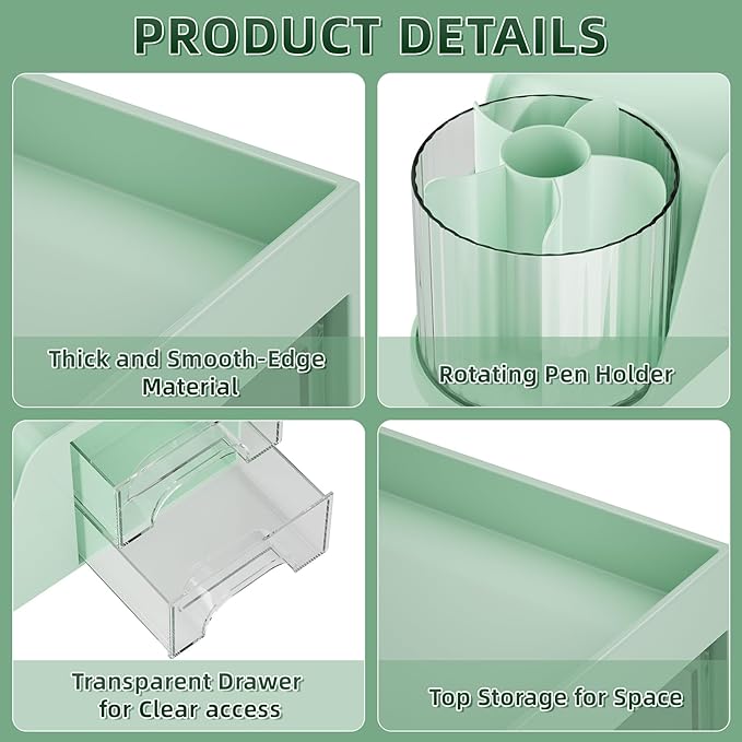 Marbrasse Desk Organizer with 2 Drawers, 360° Rotating Pen Holder, Desk Organizers and Accessories with 6 Slot Pencil Holder + 2 Drawers, Art Supply Storage Box Caddy for Office (Green)