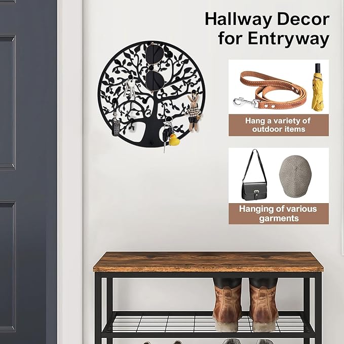 Round Decorative Home Key Holder Wall Mount, Metal Tree Car Key Rack for Wall Organizer for Keys, Wallets, Hats, Used for Decor for House Entryway, Kitchen, Garage, Office (12" Black)