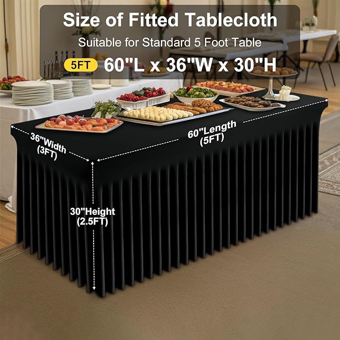 Smiry Spandex Tablecloth, Elastic Fitted Stretch Tablecloth for 5FT Rectangle Tables, Waterproof Washable Table Cover Skirt for Outdoor, Wedding, Banquet & Parties (Black, 60Lx36Wx30H Inch)