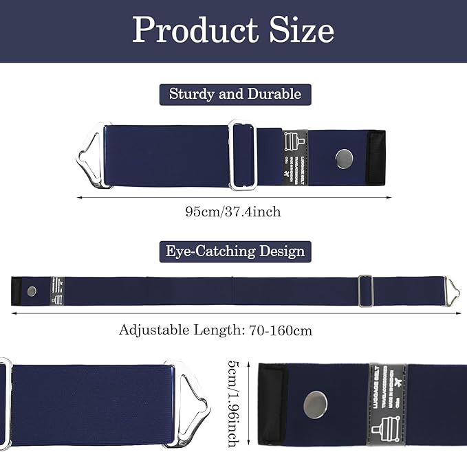 2-in-1 Travel Belt for Luggage Straps Over Handle for Add a Bag, Adjustable Travel Luggage Belt Strap with Alloy Buckle Elastic Belt for Carry On Bag, Suitcase Strap Travel Accessories (Navy Blue)