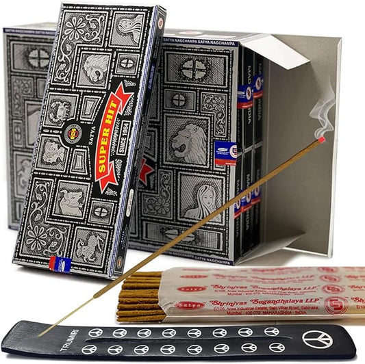 Super Hit Incense Sticks 100g and Holder Bundle - Pack of 6 (Approx 600 Sticks)