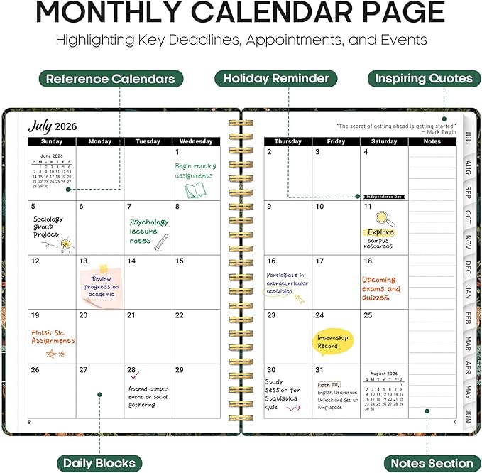 Planner 2026-2027, Academic Year Weekly and Monthly Calender Planner, from Jul 2026 - Jun 2027, Spiral Bound School Planning Book, Perfect for Teacher, Student, Women & Men, A5 (6.3" x 8.5"), Enchanted Grove