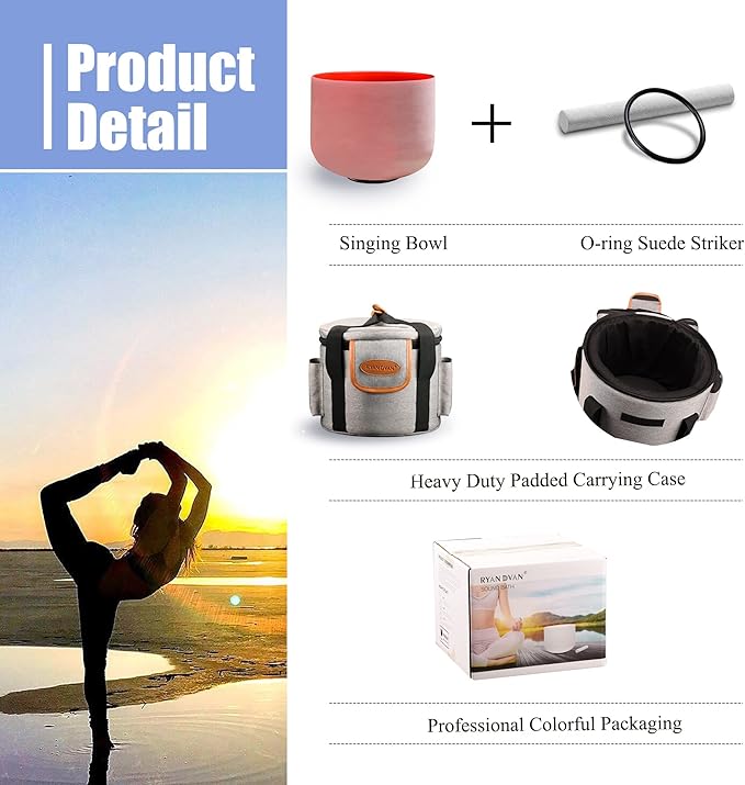 RYAN DVAN 8” C Note Red Frosted Root Chakra Crystal Singing Bowl with Free Heavy-Duty Carrying Case and Suede Striker O-Ring