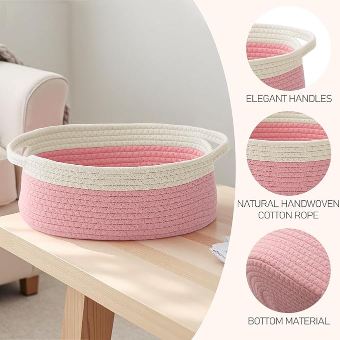 Woven Basket, Small Rope Storage Bin with Handles & Ribbon Bag, Organizer for Shelves Closets, Empty Gift Basket for Birthday, Books, Dog Toys, White & Pink/2 Pack