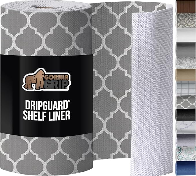 GORILLA GRIP DripGuard Shelf Liner, Non-Adhesive Drawer and Kitchen Cabinet Protector, Strong Grip Slip Resistant Underside, Smooth Surface Liners for Cabinets, Bathroom Closets, 12x240 In, White Gray