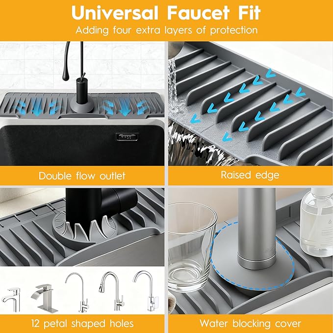 16" Silicone Faucet Mat for Kitchen Sink Released in 2025/12TH,8° Slope Fast Self-draining-Kitchen Sink Splash Guard,Bathroom Kitchen Sink Area Water Splash Guard Behind Faucet Draining Dark Grey