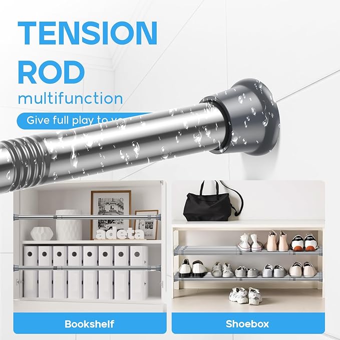 2-pack Spring Tension Rods, 23-46 Inch Adjustable Silver Tension Rod, Extendable Short Curtain Rod, Spring Loaded Curtain Rods, Tension Rod for Curtains, Closet, Kitchen