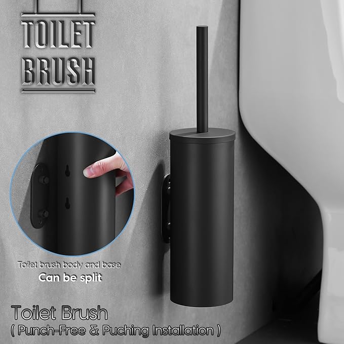 Toilet Bowl Brush and Holder, 304 Stainless Steel No-Punch Hook Base Dual-Purpose Toilet Brush Holder with Removable Inner Bucket and Splash Cover - Soft Bristles (Black)