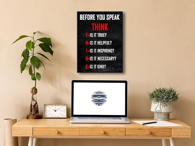 Pyradecor Motivational Think Before You Speak Classroom Positive Quotes Inspirational Poster Canvas Prints Wall Art for Office Living Room Home Decorations