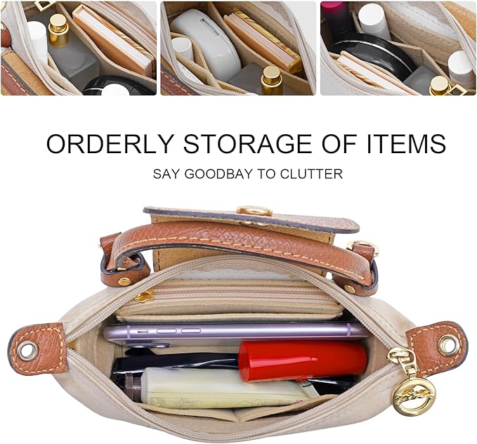 Felt Purse Organizer Insert for Longchamp Mini bag Wihte Zipper Insert (Zipper Beige, Mini)