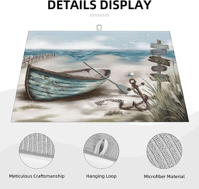 Sea view wooden boat Dish Drying Mat for Kitchen Counter Decor 18x24 Inch Floral Absorbent Reversible Microfiber Dish Drying Pad Flower Dish Drainer Rack Mats for Coffee Bar