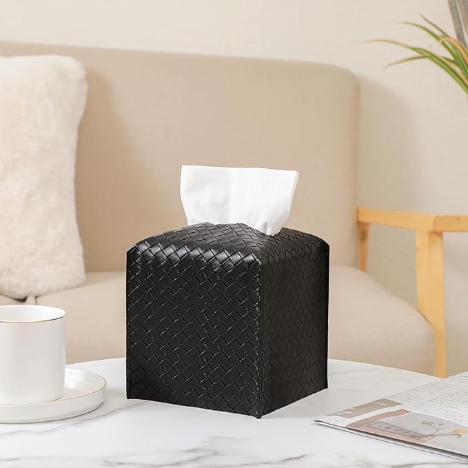 Tissue Box Cover PU Leather Tissue Holder Square Facial Tissue Case Facial Paper Organizer Dispenser for Bathroom, Vanity Countertop, Tabletop, Car, Black