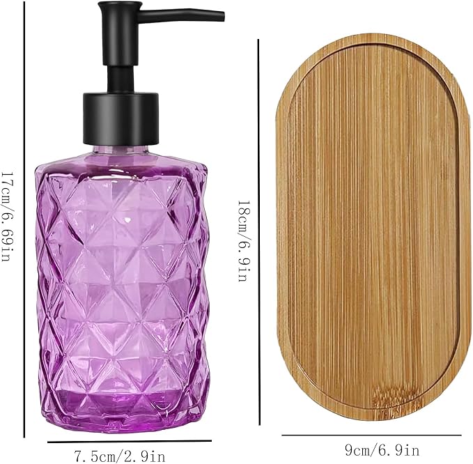 Glass Hand and Dish Soap Dispenser Set of 2 with Plastic Pumps, Bamboo Tray, 12oz Purple Bathroom Soap Dispenser with Diamond for Hand Wash & Dish Wash, Ideal for Bathroom Kitchen Countertop