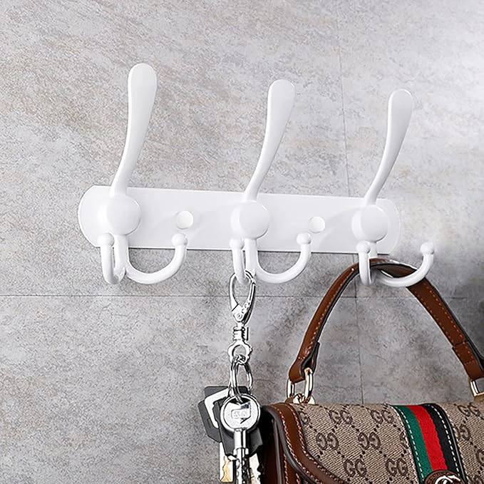 Coat Rack Wall Mounted,3 Tri Stainless Steel Coat Hook for Coat Hat Robes Towel in Mudroom Entryway (White, 2 Pack 3 Hook)