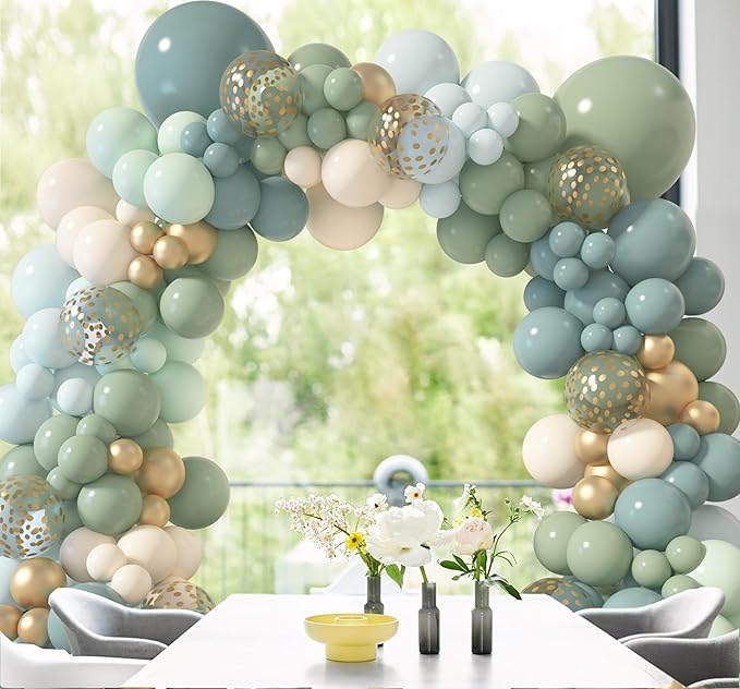 Amandir 173Pcs Dusty Blue Green Balloon Garland Arch Kit, Haze Fog Blue Ash Mist Sage Green Sand White Gold Confetti Balloons for Wedding Bridal Boho Birthday Party Backdrop Decorations