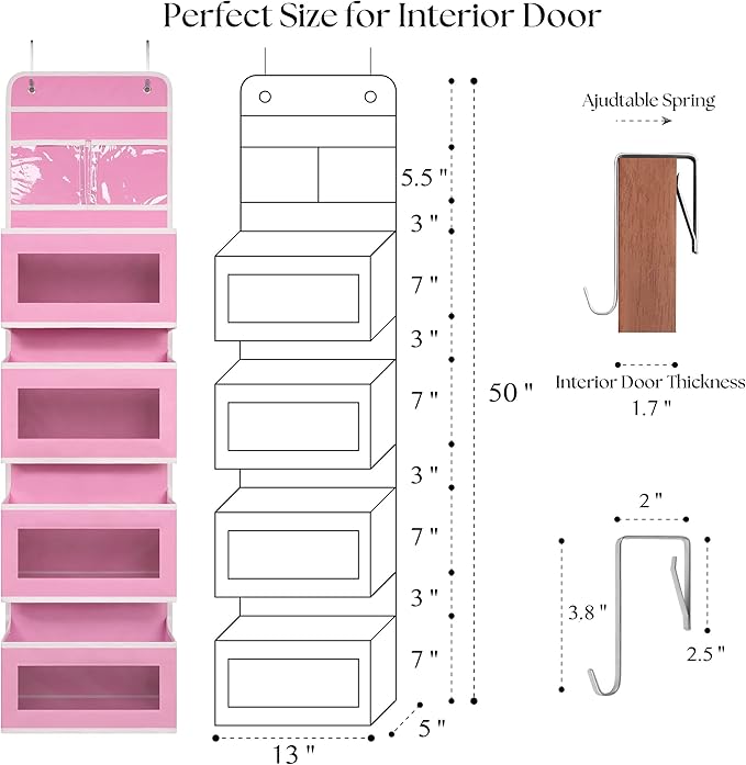Over Door Organizer with 4 Large Capacity Pockets, Hanging Organizer Storage for Closet Bathroom Nursery Bedroom Dorm, Toys Cosmetics Sundries and Baby Essentials, Pink