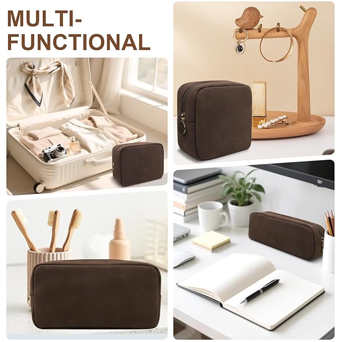 Waterproof Small Makeup Bag for Purse, Cute Pouch Preppy Suede Makeup Brush Holder with Zipper, Girls Teens Portable Storage Case Small Travel Toiletry Bag for Office (Slim-Coffee)