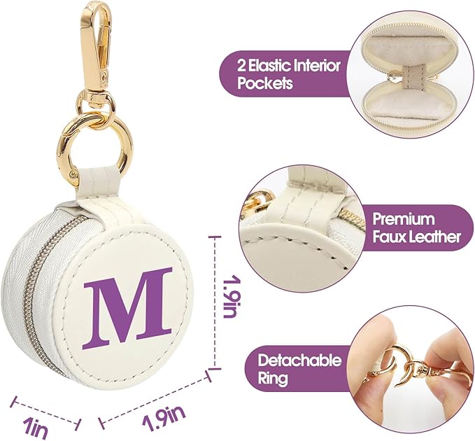 Mini Initial Travel Jewelry Case Ring Holder, Beige Faux Leather Small Jewelry Organizer Box Gifts for Women Girls Nurse Teacher, Gym Travel Accessories Keychain Pouch for Earrings Rings Necklace M