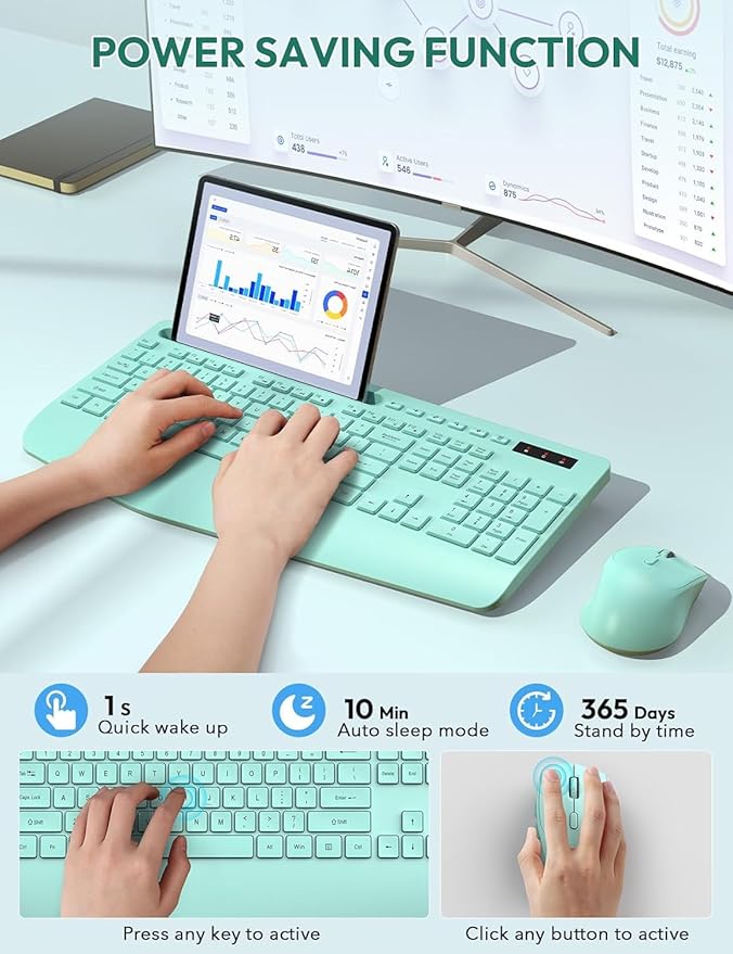 SABLUTE Wireless Keyboard and Mouse, Wrist Rest, Phone Holder, Batteries Included, 2.4G Lag-Free Ergonomic Keyboards Mouse Combo, Silent Keyboard Cordless Set for PC, Laptop, PC, Windows, Mint Green