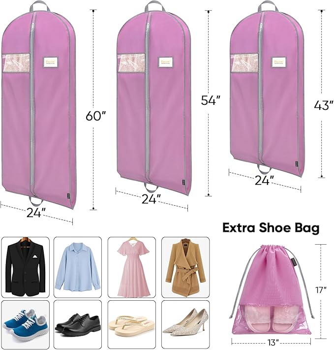 BALEINE 2PK Heavy Duty Garment Bag with Shoe Storage Travel Bag for Dresses, Suit, Coats Travel Essential (43", Pink)