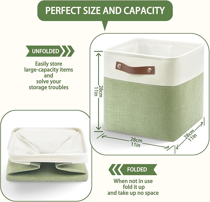 Patvingot 4-Pack Foldable Fabric Storage Cubes 11x11 Inch, Sturdy Cube Organizer Bins with Leather Handles, Storage Baskets for Closet Shelves and Home Organization (White/Green)