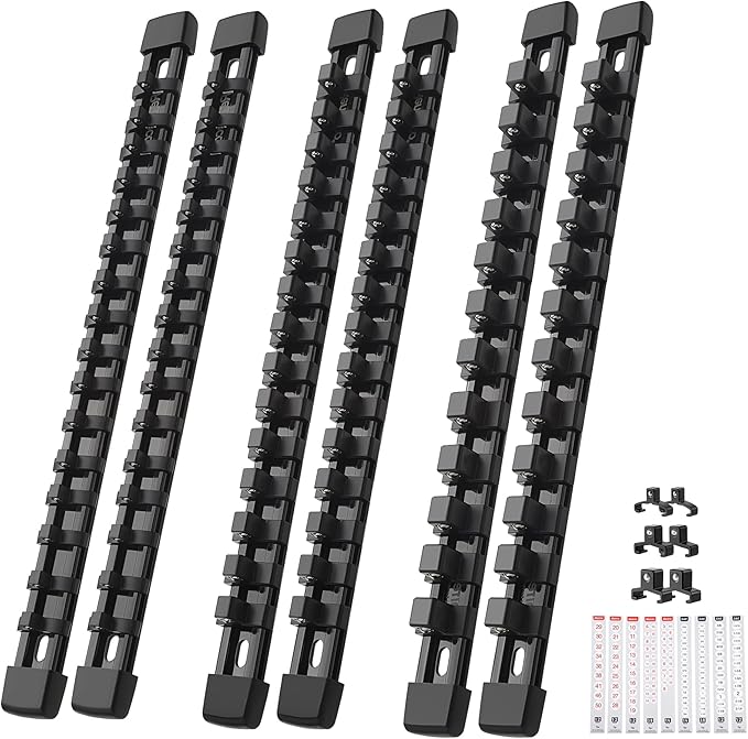 6-Piece Socket Organizer Set - 1/4-Inch x 32 Clips, 3/8-Inch x 30 Clips, 1/2-Inch x 24 Clips, Heavy Duty ABS Socket Holder, Premium Quality Socket Clip Rail Holder for Tool Box Drawer