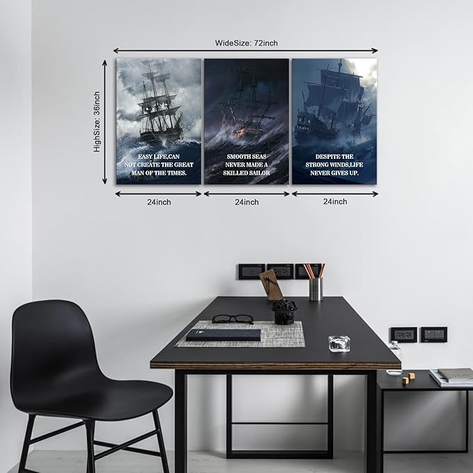KAWAHONE Motivational Quotes Wall Art, Smooth Seas Never Made a Skilled Sailor Inspirational Wall Art Office Decor, Positive Quotes Wall Art for Living Room Bedroom, Office, Home, Gym