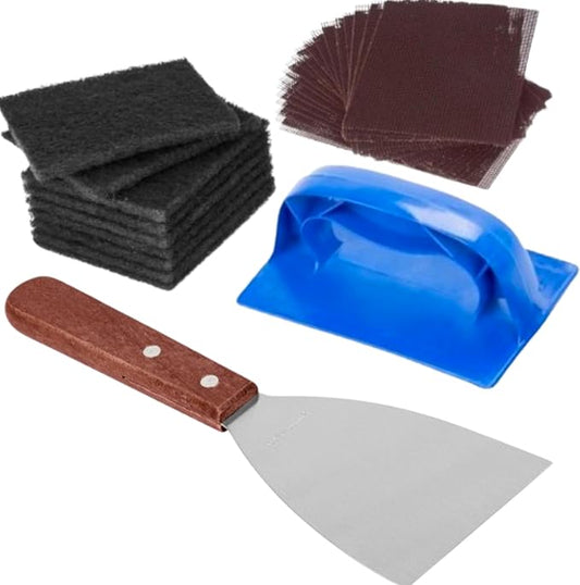 (Set of 32) Heavy Duty Grill Scraper and Pad Holder Set – Flat Top Griddle Cleaning Kit with Scraper Tool, 10 Grill Cleaning Pads, 20 Grill Screens – Commercial Kitchen Griddle Cleaner for Restaurants