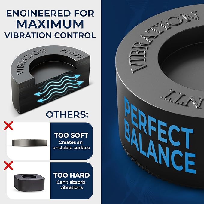 Anti Vibration Pads for Washing Machine with Tank Tread Grip | 8 Pack + Level | Check Compatibility, Fits Most Round Feet up to 1.75” | Stops Washer Dryer from Moving | Rubber Antivibration Stabilizer