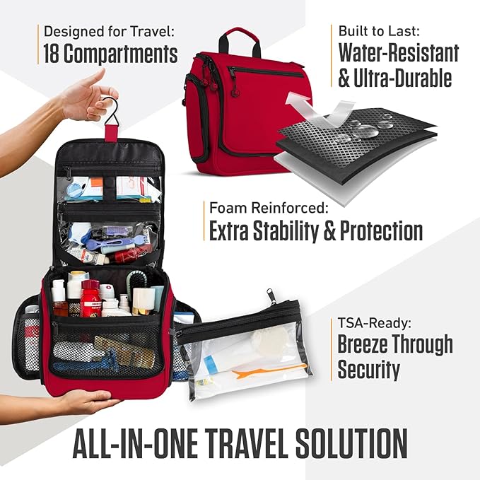 VENTURE 4TH Hanging Travel Toiletry Bag for Women & Men – Large Toiletry Organizer with 18 Compartments, Removable TSA Pouch, Travel Wash Bag for Toiletries, Makeup & Shaving Kit (Red)