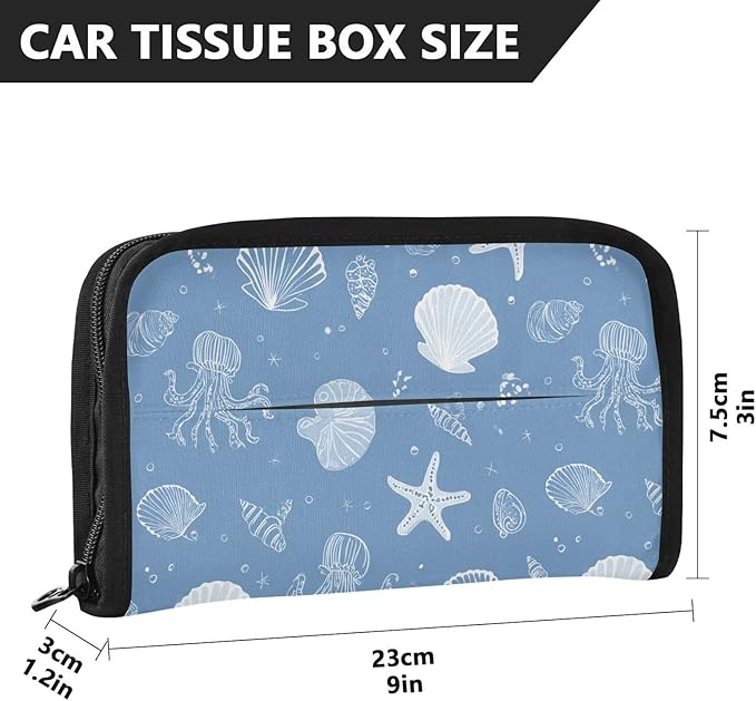 Car Tissue Holder Car Napkin Holder Car Tissue Box Dispenser Storage Case Sun Visor Mask Holder with Adjustable Straps Reusable Refillable Simple Seashells Starfish Blue
