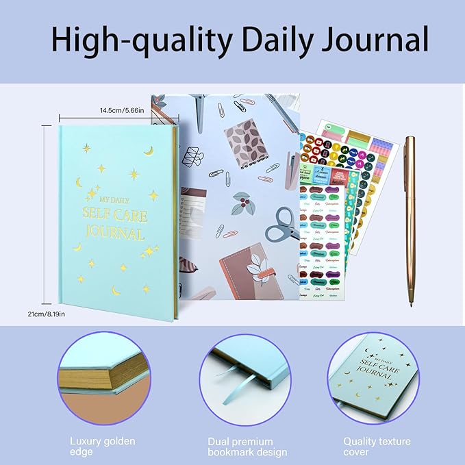 Gratitude Journal, Daily Reflection Journal for More Happiness, Mindfulness & Affirmation, Self Care Journals for Women & Men, 6 Inspirational Stickers and Ballpoint Pen,Blue