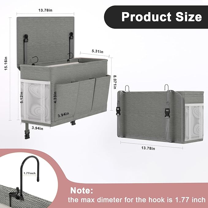 Dual-purpose Bedside Caddy Bedside Organizer, Bed Caddy with 6 Pockets, Versatile Bedside Storage Solution Magazine Remotes holder, ideal for Home, Dorm, Hospital, Crib Bed (Grey 2pcs)