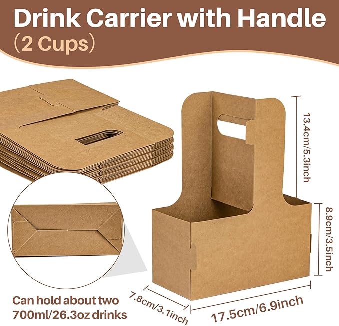 MAQIHAN 2-Cup Drink Carrier with Handle - 12Pcs Disposable Paper Cardboard Coffee Cup Holder Portable Drink Caddy Cup Carriers to Go Cup Holder Food Delivery Accessories for Hot/Cold Drinks (Brown)