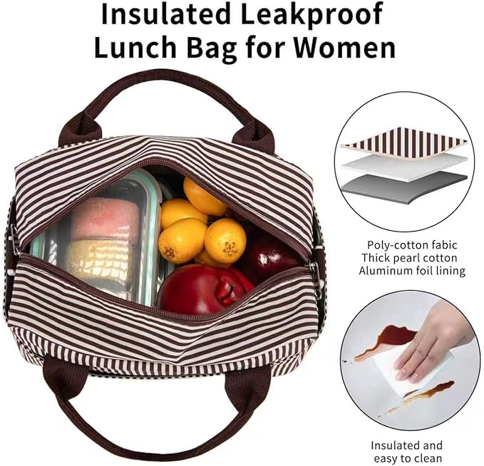 Lunch Bag Women Lunch Box for Women Adult Cute Insulated Lunch Bag Lager Cooler Lunch Tote Bags for Work Picnic (Coffee Stripes)