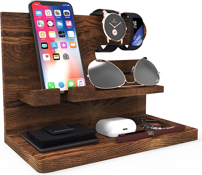 Birthday Gifts for Men Valentines Day Gifts for Men Gift for Dad Wood Phone Docking Station Organizer Wood Bedside Desk Organizer