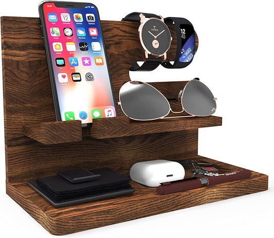 Birthday Gifts for Men Valentines Day Gifts for Men Gift for Dad Wood Phone Docking Station Organizer Wood Bedside Desk Organizer