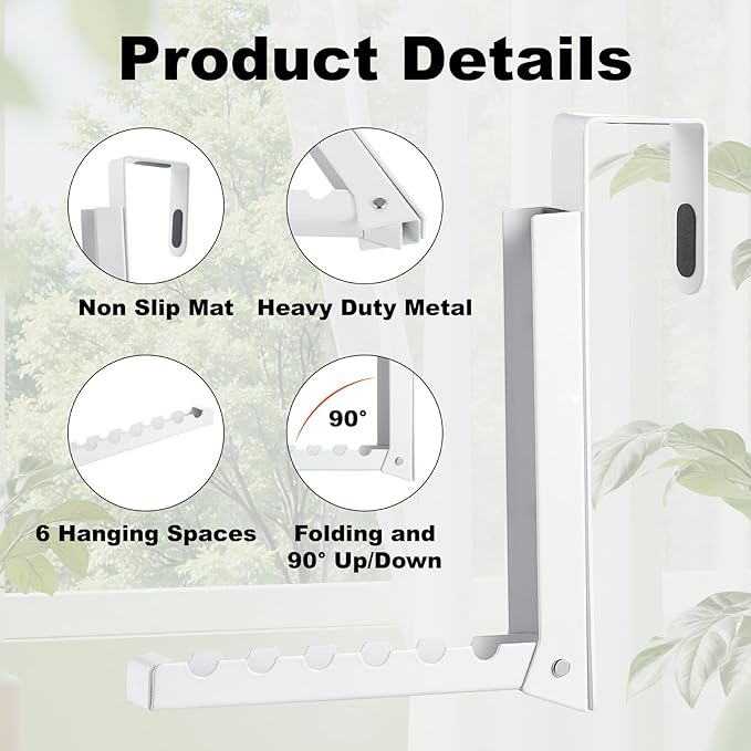 YAZYBHA 2 Pack Over The Door Hooks Hanger for Clothes, Foldable Over The Door Drying Rack for Laundry, Overdoor Hanger Hook with 6 Grooves for Towel, Coat, White
